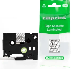 Rillprint compatible TZe tape voor Brother TZe-121, 9 mm, zwart op transparant — tapes en etiketten