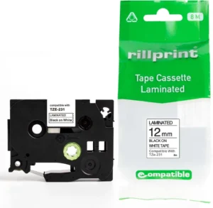 Rillprint compatible TZe tape voor Brother TZe-231, 12 mm, zwart op wit — tapes en etiketten