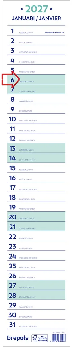 Brepols maand lintkalender, 2027 — mementokalender 2027