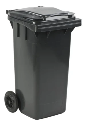 Grijze Vepa Bins rolcontainer van 120 liter met deksel en twee rubberen wielen