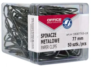 Plastic doos van OFFICE products met 50 metalen papierklemmen van 77 mm