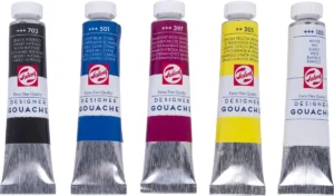 Kartonnen etui van Talens met vijf tubes plakkaatverf Extra Fijn van 20 ml in geassorteerde kleuren