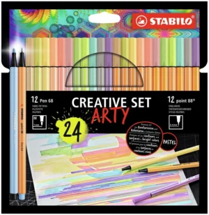 Etui van STABILO ARTY met 12 Pen 68 viltstiften en 12 Point 88 fineliners in assorti kleuren