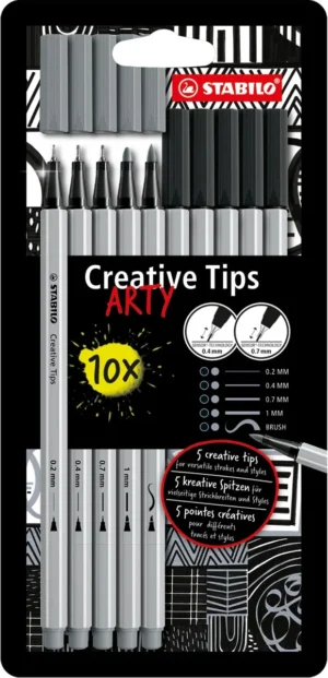 STABILO Creative Tips ARTY fineliner, geassorteerde punten, pak van 10 stuks, grijs/zwart — viltstift