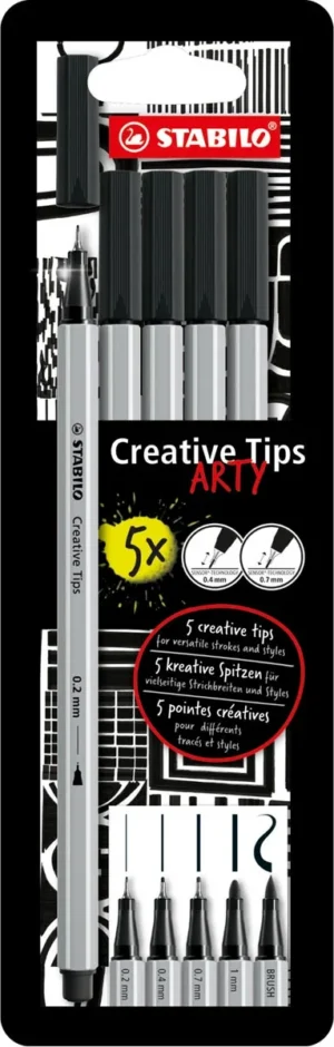 STABILO Creative Tips ARTY fineliner, geassorteerde punten, pak van 5 stuks, zwart — viltstift