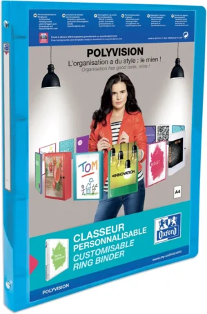 Oxford Polyvision ringmap, ft A4, uit PP, 4 O-ringen van 15 mm, rug van 2 cm, transparant blauw — personaliseerbare mappen