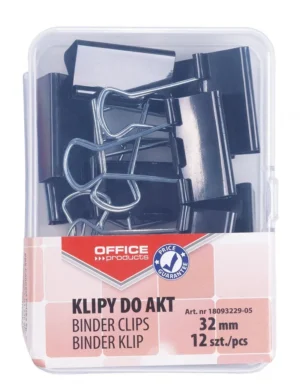 Plastic doos met 12 zwarte foldbackclips van OFFICE products, 32 mm breed