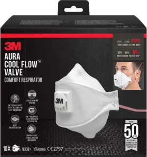 3M Aura Comfort Cool Flow stofmasker FFP3 met ventiel, pak van 10 stuks