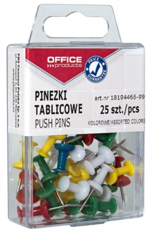 Plastic ophangdoosje van OFFICE products met 25 prikbordspelden in geassorteerde kleuren
