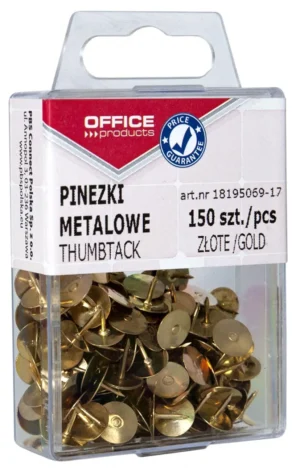 Gouden punaises van OFFICE products in een plastic ophangdoosje met 150 stuks