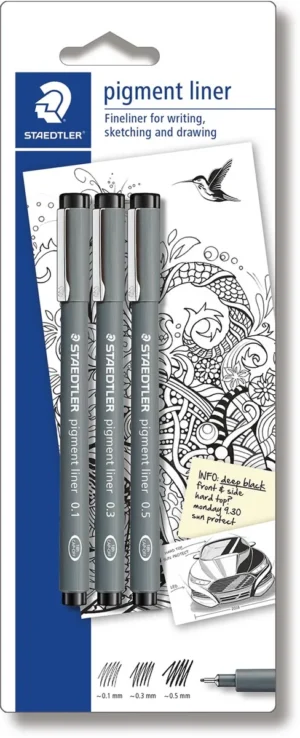 Staedtler fineliner Pigment Liner blister van 3 stuks: 0,1; 0,3 en 0,5 mm — school- en tekenfineliners