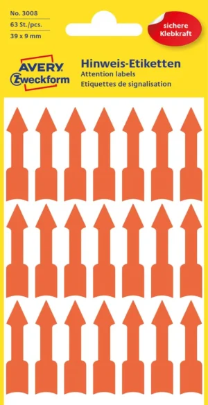 Avery Zweckform 3008, markeringspijlen, lichtrood, 3 vel, 63 per vel, 39 x 9 mm — laseretiket