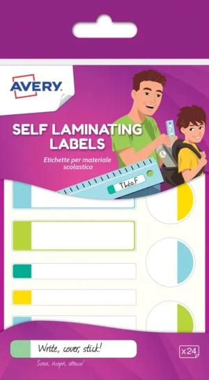 Avery Family gelamineerde etiketten, etui met 24 etiketten, geassorteerde formaten en standaard kleuren — fantasiesticker