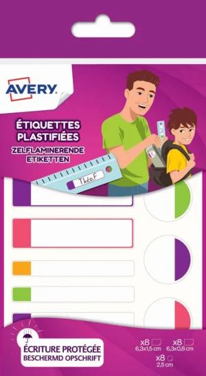 Avery Family gelamineerde etiketten, etui met 24 etiketten, geassorteerde formaten en fluo kleuren — fantasiesticker