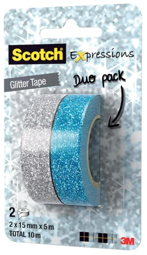 Scotch Expressions glitter tape, 15 mm x 5 m, blister met 2 stuks in geassorteerde kleuren — hobbyplakband