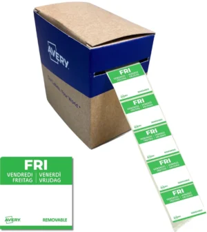 Avery etiketten voedselcodering, HACCP, vrijdag, ft 25 x 25 mm, dispenser van 1000 etiketten — voedseletiket