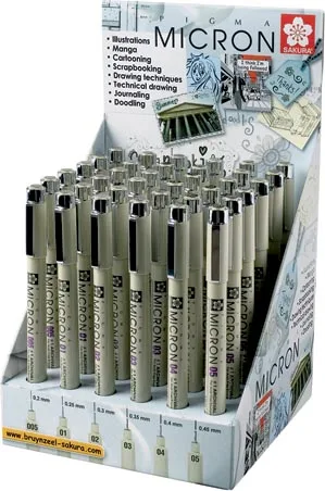 Sakura fineliner Pigma Micron zwart, display met 36 stuks met geassorteerde schrijfbreedtes — school- en tekenfineliners
