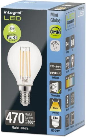 Integral Mini Globe LED lamp E14, dimbaar, 2.700 K, 3,4 W, 470 lumen — detail 2