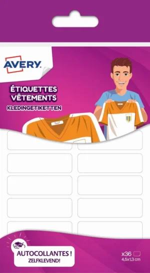 Avery Family kledingetiketten, ft 4,5 x 1,3 cm, wit, ophangbare etui met 36 etiketten — fantasiesticker