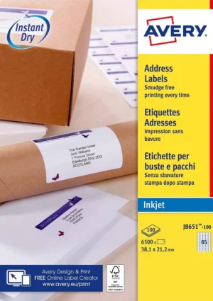 Avery witte etiketten QuickDry ft 38,1 x 21,2 mm (b x h), 6.500 stuks, 65 per blad — inkjetetiket