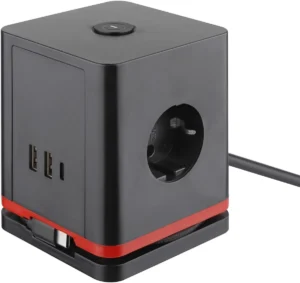 IOIO contactdoos SW1000, 3 stopcontacten en 3 USB-poorten, kubus, zwart — detail 2