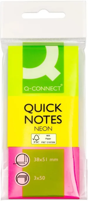 Etui met drie Q-CONNECT Quick Notes memoblokjes van 38 Ć 51 mm in neonkleuren