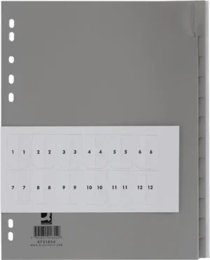 Q-CONNECT tabbladen, A4, PP, 11-gaatsperforatie, 12 tabs, grijs — neutrale tabbladen