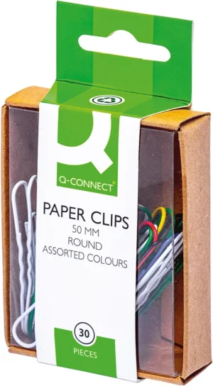 Doos Q-CONNECT papierklemmen van 50 mm in geassorteerde kleuren, 30 stuks
