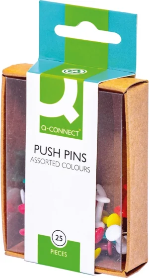 Doosje Q-CONNECT prikbordspelden met 25 spelden in geassorteerde kleuren