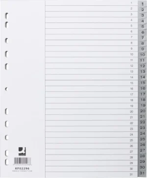 Q-CONNECT tabbladen, A4, PP, 11-gaatspeforatie, met indexblad, set van 1-31, 31 tabs, grijs — numerieke tabbladen