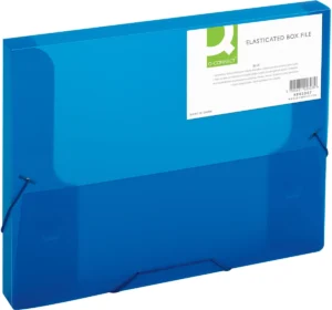 Blauwe Q-CONNECT elastobox A4 met elastieken en rug van 25 mm