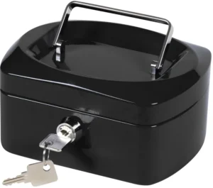 Zwarte metalen Q-CONNECT geldkoffer van 155 × 120 × 75 mm met cilinderslot