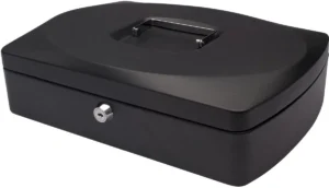 Zwarte Q-CONNECT geldkoffer van metaal, 325 × 235 × 85 mm, met cilinderslot