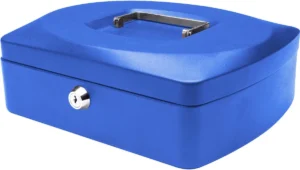 Blauwe metalen geldkoffer van Q-CONNECT met cilinderslot, 255 x 200 x 85 mm