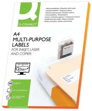 Q-CONNECT etiketten, wit, rechte hoeken, 210 x 297 mm, 100 vel, 1 etiket per vel — multifunctionele etiketten