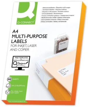 Q-CONNECT etiketten, wit, rechte hoeken, 210 x 297 mm, 200 vel, 1 etiket per vel — multifunctionele etiketten