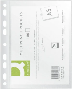 Q-CONNECT geperforeerde showtas, ft A5, 9-gaatsperforatie, PP, 50 micron, pak van 100 stuks
