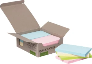Doos met twaalf Q-CONNECT Quick Notes Recycled memoblokken in pastelkleuren, 76 × 127 mm