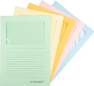 Q-CONNECT L-map met venster, 120 g/m², A4, pak van 100 stuks, lichte geassorteerde kleuren — l-mappen uit karton