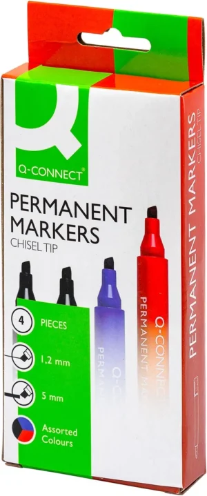 Q-CONNECT permanente marker, 2-5 mm, schuine punt, geassorteerde kleuren, etui van 4 stuks — permanent markers