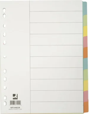 Q-CONNECT tabbladen, A4, karton, 11-gaatsperforatie, 10 tabs, geassorteerde kleuren — neutrale tabbladen
