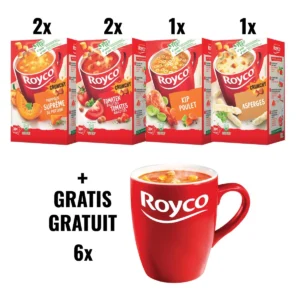 ACTIE ROYCO: 2 x pompoen, 2 x tomaat balletjes, 1 x kip, 1 x asperges + 1 x 6 tassen GRATIS — drank en eetwaren