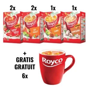 ACTIE ROYCO: 2 x tomaat balletjes, 2 x kip, 1 x curry, 1 x champignons + 1 x 6 tassen GRATIS — drank en eetwaren