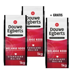 ACTIE DOUWE EGBERTS: 2 + 1 GRATIS: Gemalen koffie Melange Rood, standaard, pak van 1 kg — drank en eetwaren