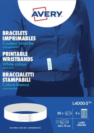 Avery bedrukbare polsbandjes, ft 18 x 265 mm, wit, pak van 50 etiketten — feestartikel