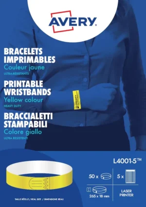 Avery bedrukbare polsbandjes, ft 18 x 265 mm, geel, pak van 50 etiketten — feestartikel