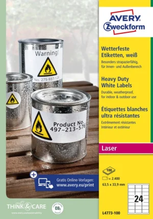 Avery weerbestendige etiketten, ft 63,5 x 33,9 mm, wit, doos van 2.400 etiketten — waterbestendige etiketten