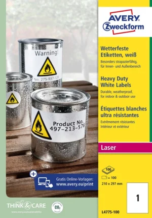 Avery weerbestendige etiketten, ft 210 x 297 mm, wit, doos van 100 etiketten — waterbestendige etiketten