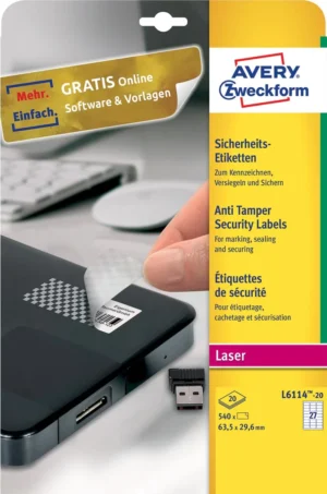 Avery bestendige veiligheidsetiketten, ft 63,5 x 29,6 mm, 540 stuks, 27 per vel, doos van 20 vel — waterbestendige etiketten