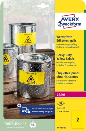 Avery weerbestendige etiketten, ft 210 x 148 mm, geel, pak van 40 etiketten — waterbestendige etiketten